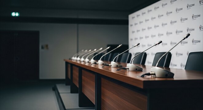 Empty conference room with row of microphones and chairs awaiting speakers for press conference or meeting