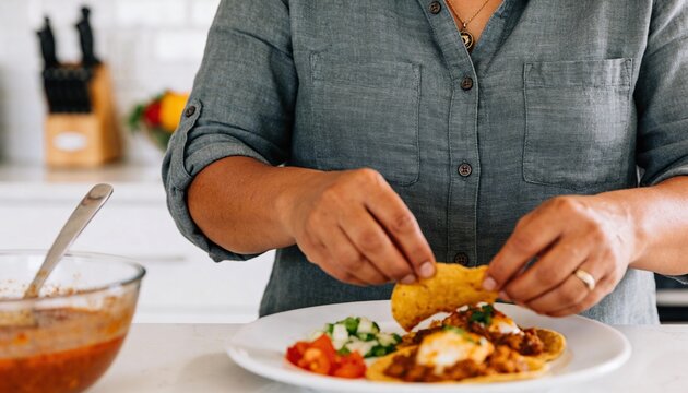 Woman preparing Mexican breakfast with huevos rancheros. Close up of hands dipping tortilla chip into salsa. Traditional Mexican food at home