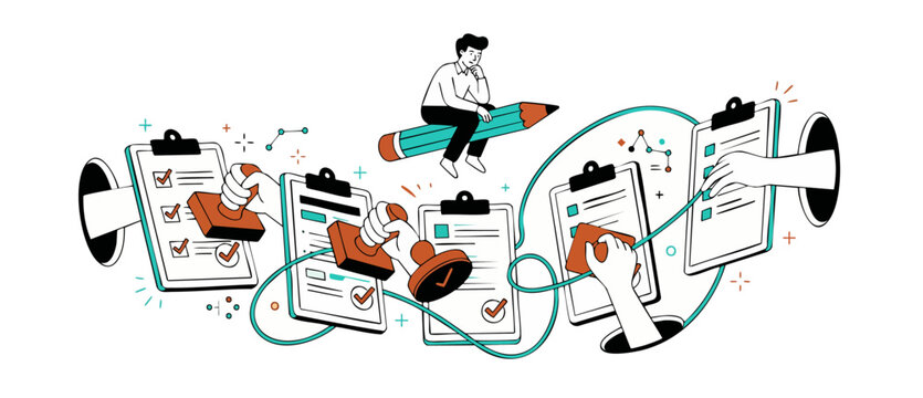 Business process checklist workflow automation with hands stamping task progress clipboards while a thoughtful manager sitting on a pencil reviews efficiency, productivity, and quality control