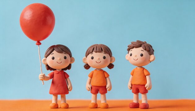 Three clay children figures standing in a row. International Children's Day concept with plasticine characters