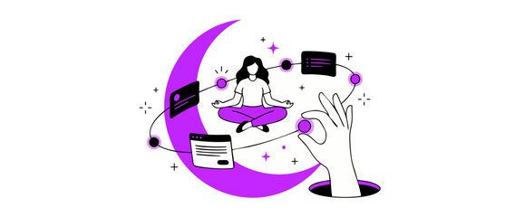 Obraz premium Digital wellness woman meditating on crescent moon with user interface elements in line art style for tech detox, stress relief, online mindfulness, and software interface balance concept design.