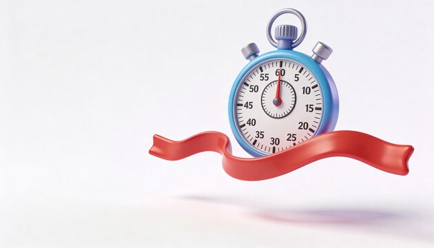 3D illustration of a blue stopwatch with a flowing red ribbon. Global Running Day banner.