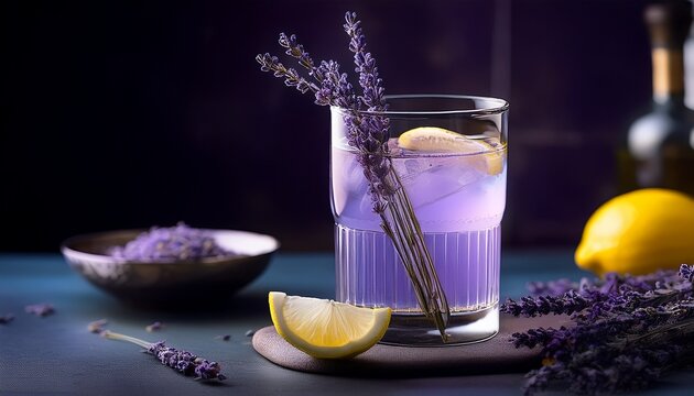 lavender infused elixir a beautifully composed image of a light lavender infused drink in a sophisticated glass garnished with a sprig of lavender and lemon zest