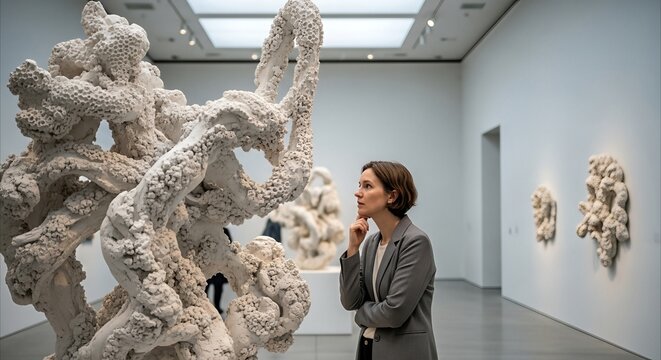 Woman contemplates a complex white gypsum sculpture in a modern art gallery with soft lighting.