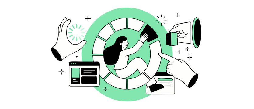 Agile workflow project management vector illustration showing woman in cycle wheel chart, team hands collaboration, UI design, planning and product development process for business productivity online