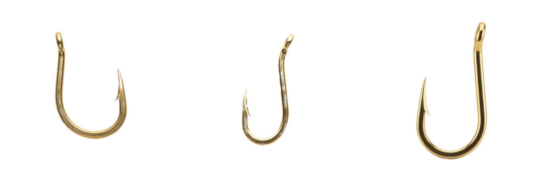 Set of three vintage sharp metallic golden brass fish hooks or angling tackle gear accessories used for outdoor lake river fishing sports, isolated white background.