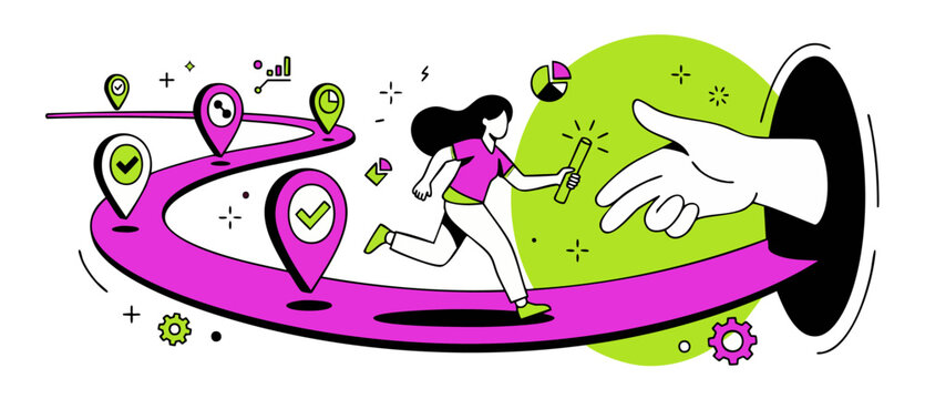 Business relay baton handoff woman running road map with location pin milestones, team collaboration partnership concept, corporate success strategy goal flat vector graphic illustration art.