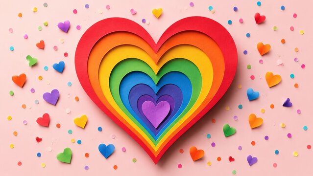 Layered rainbow heart paper craft on a pastel pink background with colorful hearts and confetti, cheerful pride and love design.