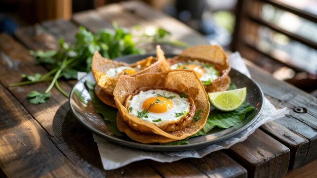 Egg Hoppers is the hallmark of Sri Lankan cuisine. These are thin, crispy pancakes in the shape of a bowl, made from fermented rice dough and coconut milk, with a baked egg in the center.