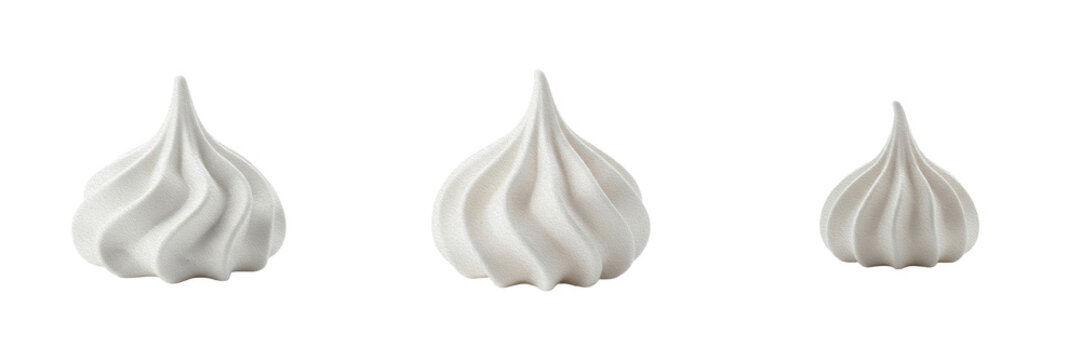 Isolated set of three sweet white baked meringue kisses or swirling whipped cream confectionery drops for delicious bakery desserts, white background.