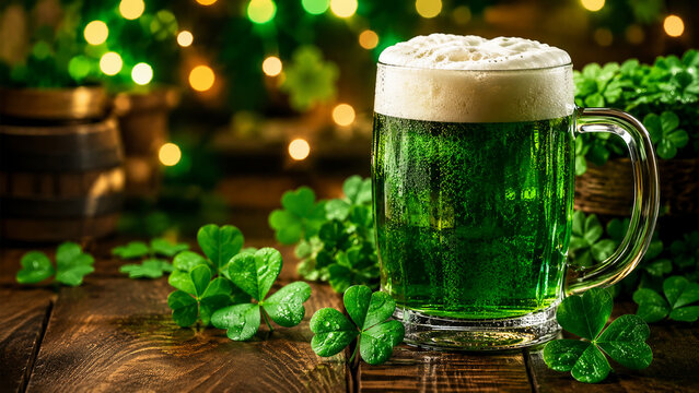 Green beer mug with foam surrounded by shamrocks on a rustic table with glowing festive lights, celebrating St Patrick&rsquo;s Day.
