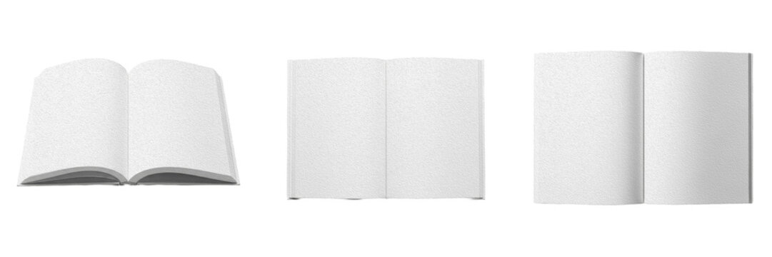 Isolated set of three blank open books or empty white page notebook mockups for education sketching diaries and corporate notes branding, white background.