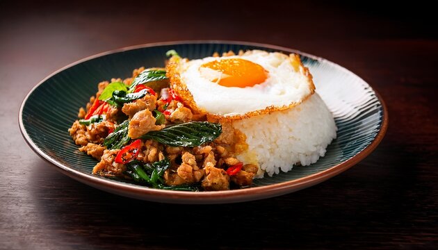 thai street food stir fried pork with basil and crispy fried egg served with rice spicy pad krapow moo with sunny side egg