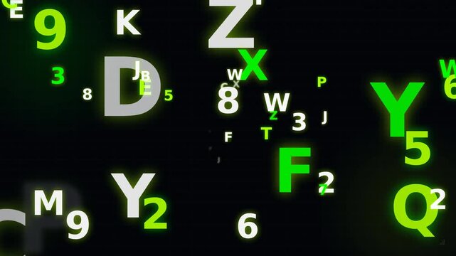 Dynamic motion of floating green and white alphanumeric characters in a digital environment, showcasing animated data flow and visual effects for technology-themed videos.