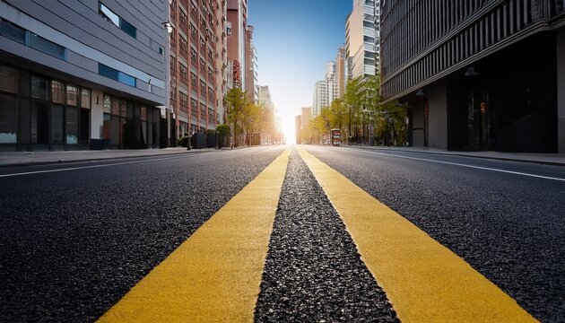 low angle view of an empty urban street with yellow road lines and buildings on both sides
