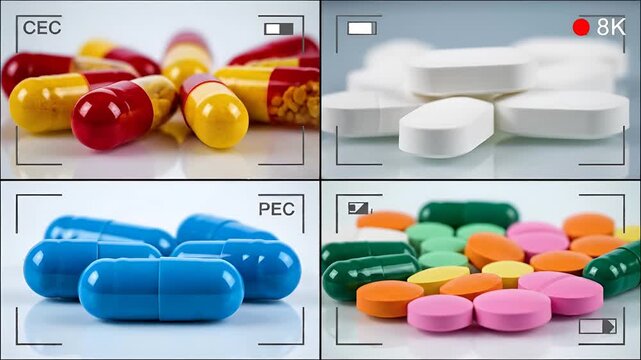 Various colorful pills and capsules displayed in a fourpanel video format.