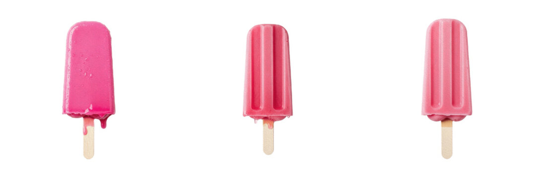 Set of three delicious sweet frozen pink strawberry fruit juice popsicle ice cream bars on a traditional wooden stick for summer refreshment, isolated white background.