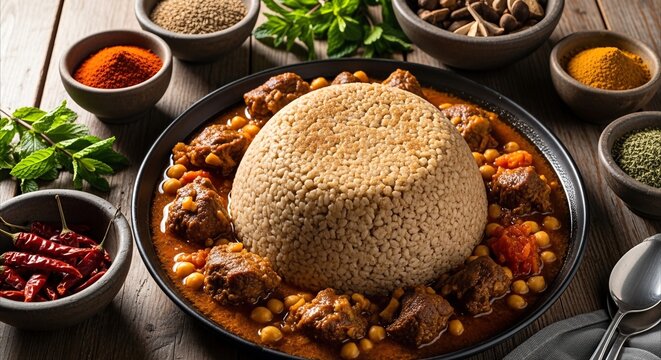 Authentic Libyan Bazeen with Lamb Gravy Served on Rustic Wooden Table, Highlighting Tradition and Communal Dining