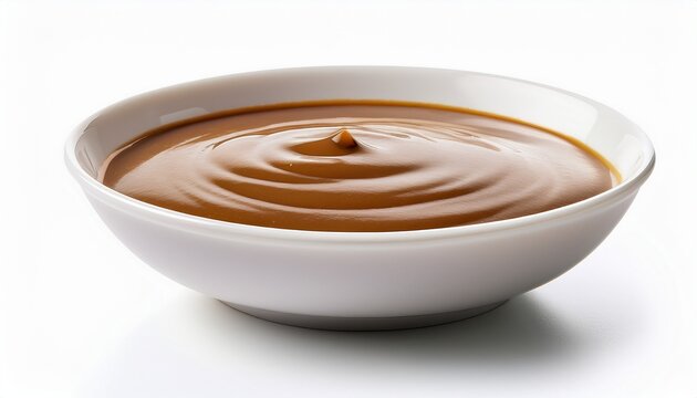 brown gravy sauce in white bowl isolated on white background