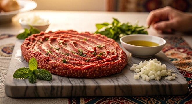 Authentic Syrian Kibbeh Nayyeh presentation on marble board with mint and olive oil, warm golden hour lighting