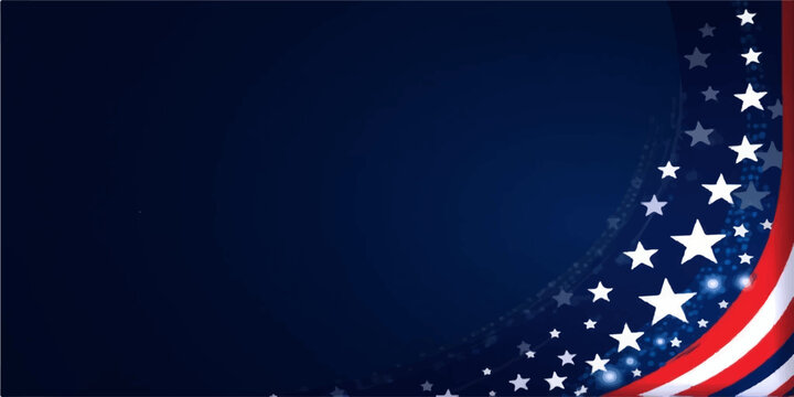 Fourth of July patriotic background with a swooping curved border of white stars and glowing lights on deep navy blue.