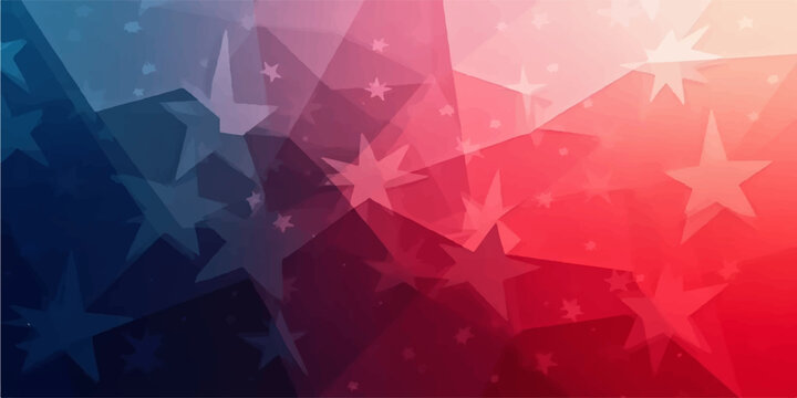 Abstract low-poly patriotic background featuring a creative blend of overlapping red, white, and blue geometric shapes with dynamic stars.