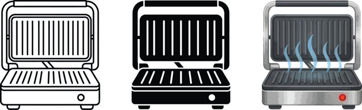 Set of electric panini press illustrations featuring outline glyph and realistic hot grill designs perfect for kitchen appliance concepts