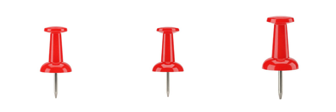 Isolated set of three classic red plastic push pins thumbtacks with sharp metallic steel needles for office notice corkboard organization, white background pack.