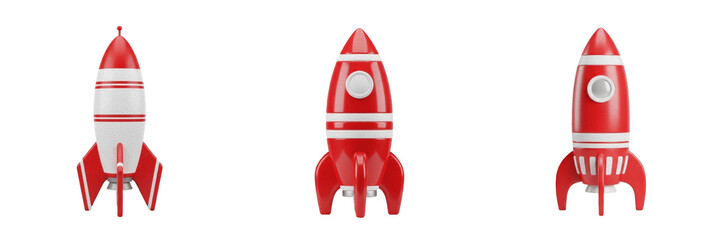 Collection of glossy red and white 3D toy rocket ship standing vertically upright on its fins ready for space blast off exploration concept graphic, isolated white background illustration. © Photo Shap