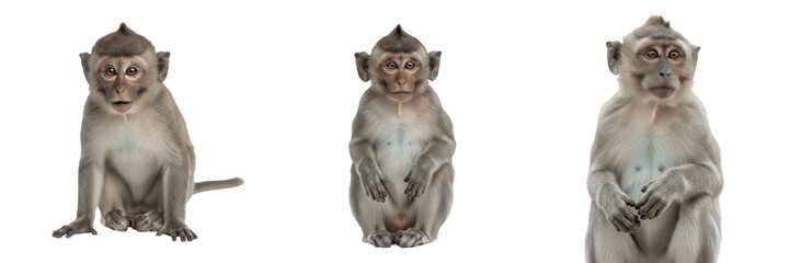 Collection of realistic furry small rhesus macaque monkey sitting upright looking forward curiously with detailed hands resting on legs, wild animal isolated white background portrait. © Photo Shap