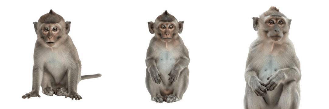 Collection of realistic furry small rhesus macaque monkey sitting upright looking forward curiously with detailed hands resting on legs, wild animal isolated white background portrait.