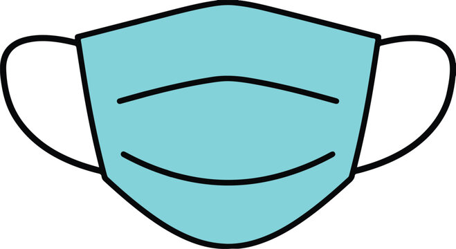 A flat vector illustration of a light blue disposable surgical face mask, featuring horizontal pleat lines and thin black ear loops, with bold black outlines and a clean flat fill, minimalist graphic 