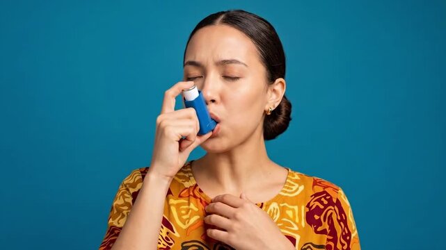 Asian woman using blue inhaler for asthma relief. Breathing medication device in mouth for respiratory health. Concept of allergy treatment and daily wellness management for lung conditions