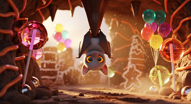Chibi Bat Hanging in Chocolate Cave Candy Fantasy Illustration