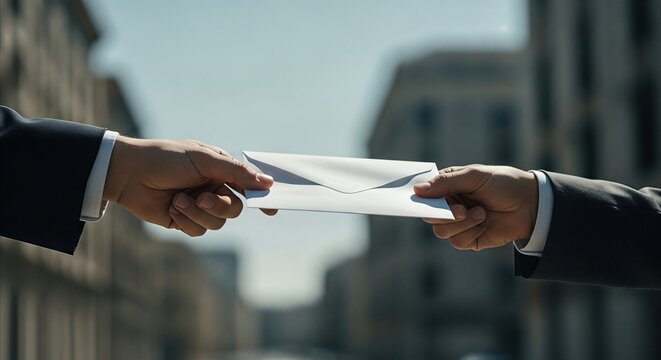 Business hands exchange white envelope in professional setting, conveying trust and important document transfer.
