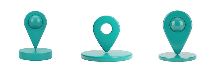 Set of modern teal cyan plastic 3D map pin location pointer icon standing upright on a matching circular round base for navigation web graphics template layout, isolated white background. © Photo Shap