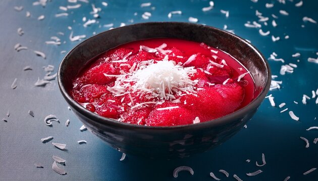 ruby delights an inviting bowl of vibrant ruby red dessert elegantly presented with a touch of shredded coconut and creamy milk capturing the essence of culinary artistry and taste appeal