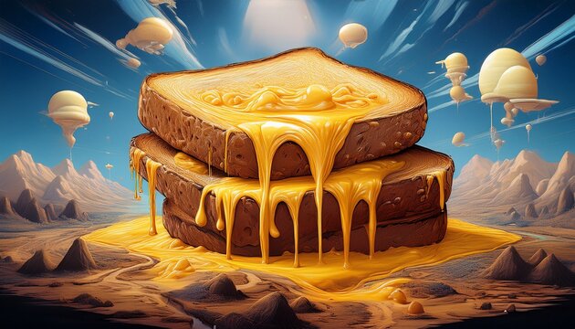 surreal landscape made of crunchy toast with melted cheese flowing