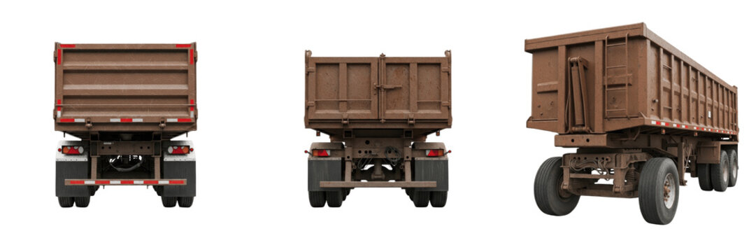 Set of heavy industrial brown dumper truck seen from a straight rear view, showcasing large rugged wheels and commercial transport cargo container storage system, isolated white background.