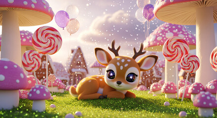 Fototapeta premium Whimsical 3D Deer Fawn Napping in Candy Mushroom Forest
