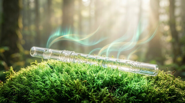 Macro Photography of Ancient Crystal Flute Emitting Bioluminescent Light on Green Moss