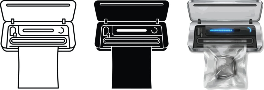 Food vacuum sealer machine icon set and realistic illustration perfect for kitchen appliance guides and food preservation concepts