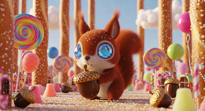 3D Digital Illustration of Squirrel in Candy Pretzel Forest