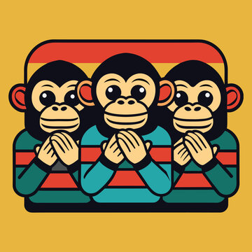 Monkeys representing the three wise monkeys concept are illustrated in a vibrant and colorful flat design.