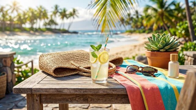 Lemonade glass with fresh mint and lemon slices on wooden beach table. Seaside relaxation in sunny paradise with palm trees and ocean view