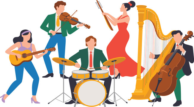 Musicians band and orchestra vector set with guitarist violinist drummer harp and cello players isolated on white background