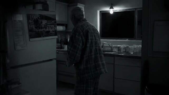 Elderly man in pajamas standing alone in kitchen at night. Senior citizen takes daily medication bottles near window. Sadness of aging and isolation concept.