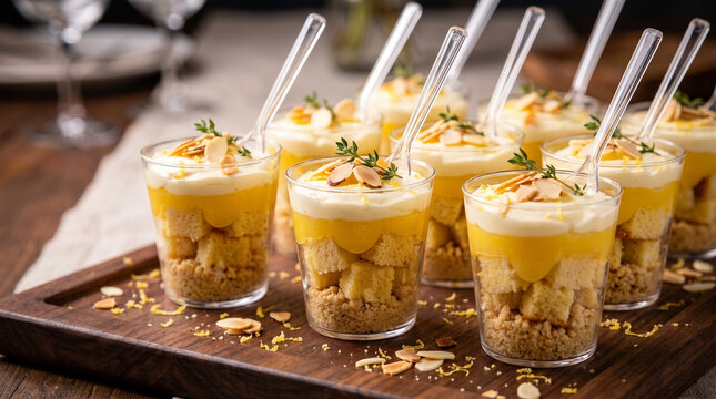 Premium catering lemon dessert cups with almonds. Gourmet sweet table setup for corporate event planning, luxury wedding reception, hospitality menu and festive party fine dining buffet.