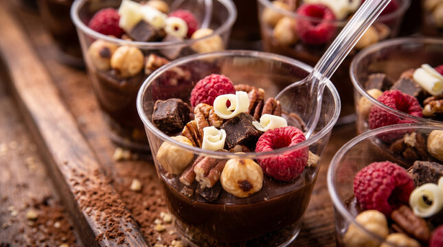 Premium catering chocolate dessert cups with berries and nuts. Gourmet sweet table setup for corporate event planning, luxury wedding reception, hospitality menu and festive party fine dining.