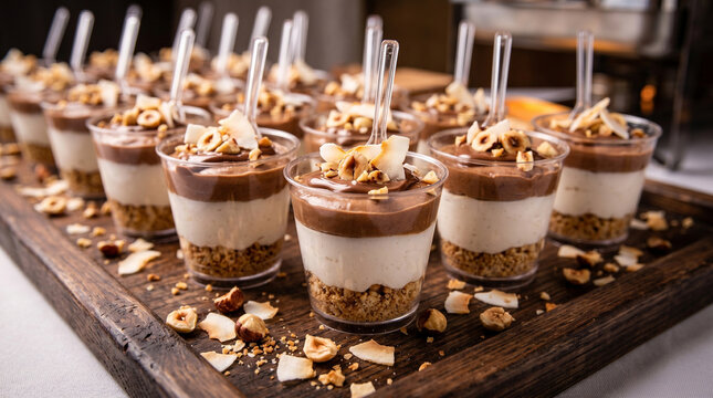 Premium catering layered desserts in mini cups with hazelnut. Gourmet sweet table setup for luxury wedding, corporate event planning, hospitality menu, fine dining and festive banquet.